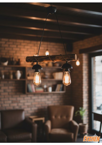 Doğal Ahşap Avize, El Yapımı Halat Detaylı 2 Li Eskitme Tasarım Kafe Ev Balkon Ofis Dekoru fiyatları