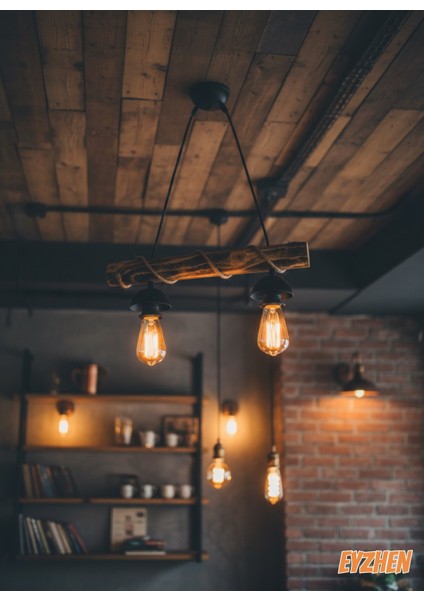 Doğal Ahşap Avize, El Yapımı Halat Detaylı 2 Li Eskitme Tasarım Kafe Ev Balkon Ofis Dekoru modelleri