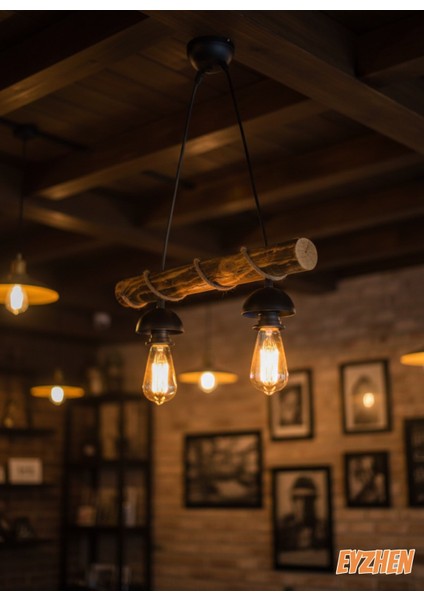 Doğal Ahşap Avize, El Yapımı Halat Detaylı 2 Li Eskitme Tasarım Kafe Ev Balkon Ofis Dekoru fırsatları