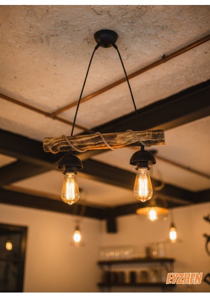 Doğal Ahşap Avize, El Yapımı Halat Detaylı 2 Li Eskitme Tasarım Kafe Ev Balkon Ofis Dekoru indirimleri