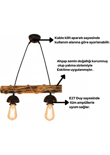 Doğal Ahşap Avize, El Yapımı Halat Detaylı 2 Li Eskitme Tasarım Kafe Ev Balkon Ofis Dekoru