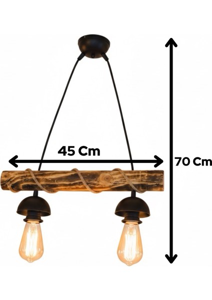 Doğal Ahşap Avize, El Yapımı Halat Detaylı 2 Li Eskitme Tasarım Kafe Ev Balkon Ofis Dekoru