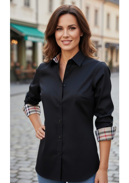 Kadın Uzun Kollu Kolay Ütü Pamuk Saten Regular Ekose Detaylı Yüks