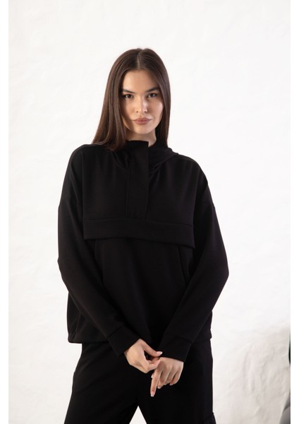 Kadın Rahat Kalıp Uzun Kollu Yarım Fermuar Modal Kumaş Kanguru Ce