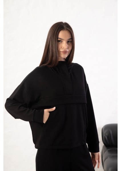 Kadın Rahat Kalıp Uzun Kollu Yarım Fermuar Modal Kumaş Kanguru Ce modelleri