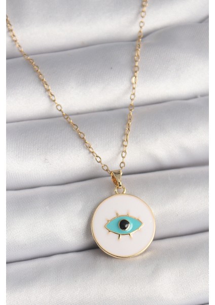 316L Çelik Gold Renk Zincir Beyaz Mineli Turkuaz Göz İşleme Model Kadın Kolye - TJ-BKO9730 indirimleri