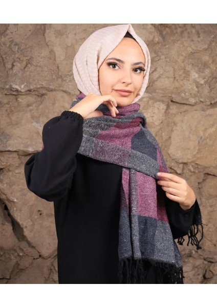 Kadın Renkli Kare Desenli Omuz Şal Saçaklı 65*160CM Standart