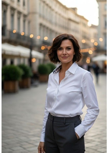 Kadın Uzun Kollu Kolay Ütü Pamuk Saten Regular Ekose Detaylı Yüks