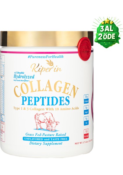 %100 Saf ve Doğal Yüksek Biyoaktif ve Biyoyararlı Çift Hidrolize Edilmiş Toz Peptitleri İçeren Diyet Takviyesi Kolajen (500gr) - 50 Günlük