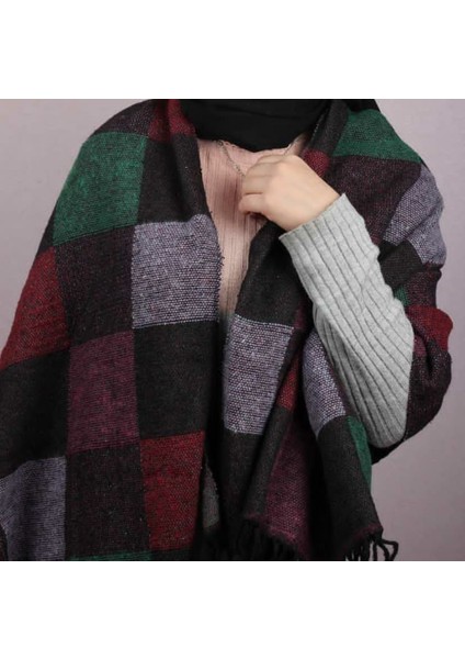 Kadın Renkli Kare Desenli Omuz Şal Saçaklı 65*160CM Standart