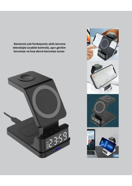4’ü 1 Arada Kablosuz Şarj Istasyonu – LED Saat Ekranlı Apple Uyumlu Akıllı - FEİ4461-755 fırsatları