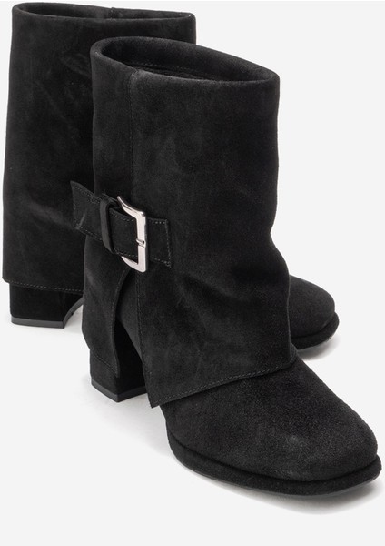 Lore Siyah Süet Hakiki Deri Tokalı Kadın Topuklu Bot