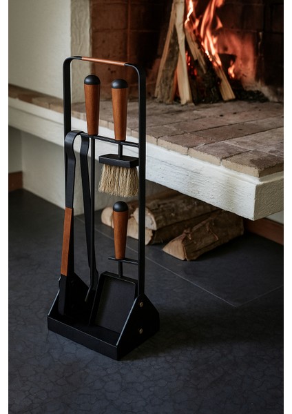 5 Parça Modern Ceviz Ahşap Saplı Metal Gövdeli Şömine Aksesuar Bakım Seti