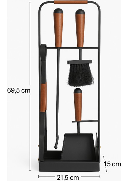 5 Parça Modern Ceviz Ahşap Saplı Metal Gövdeli Şömine Aksesuar Bakım Seti