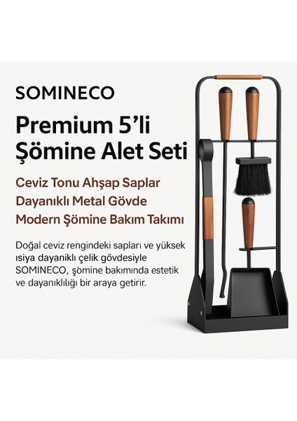 5 Parça Modern Ceviz Ahşap Saplı Metal Gövdeli Şömine Aksesuar Bakım Seti
