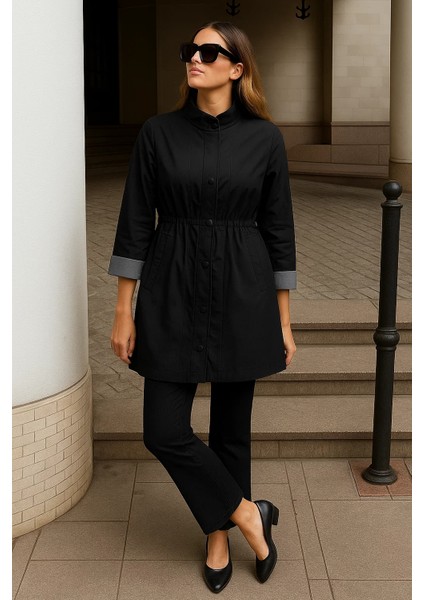 Kadın Fermuarlı Büzgülü Çizgili Siyah Kısa Trençkot modelleri