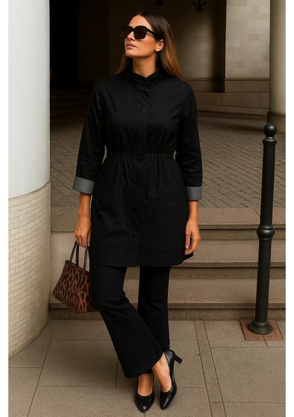 Kadın Fermuarlı Büzgülü Çizgili Siyah Kısa Trençkot fırsatları