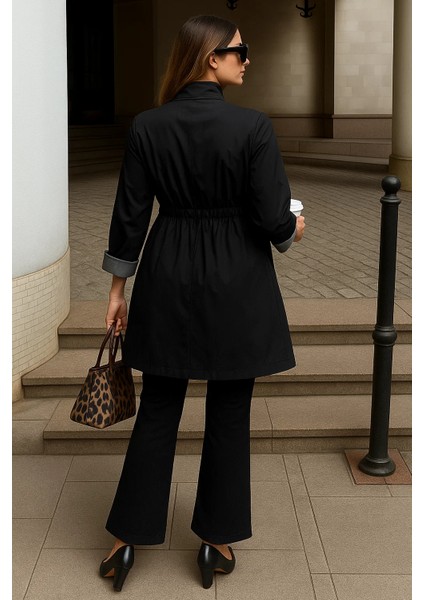 Kadın Fermuarlı Büzgülü Çizgili Siyah Kısa Trençkot