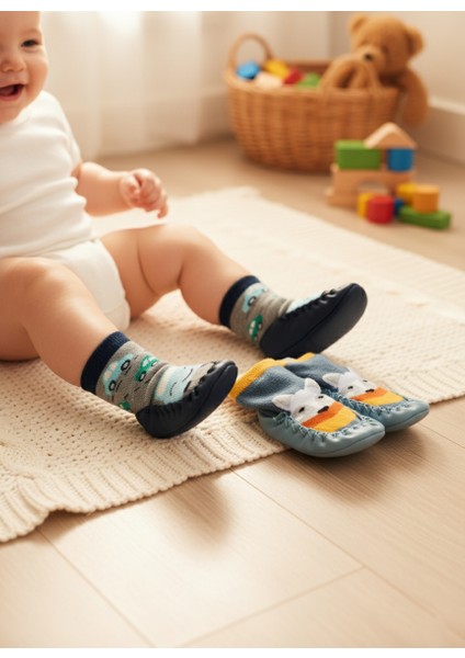 2'li Kaydırmaz Deri Taban Rahat Bebek Çocuk Çarık Soket Çorap Patik Panduf Ev Anaokulu Ayakkabısısı