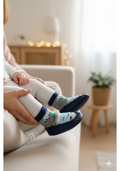 2'li Kaydırmaz Deri Taban Rahat Bebek Çocuk Çarık Soket Çorap Patik Panduf Ev Anaokulu Ayakkabısısı