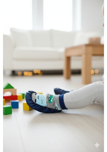 2'li Kaydırmaz Deri Taban Rahat Bebek Çocuk Çarık Soket Çorap Patik Panduf Ev Anaokulu Ayakkabısısı