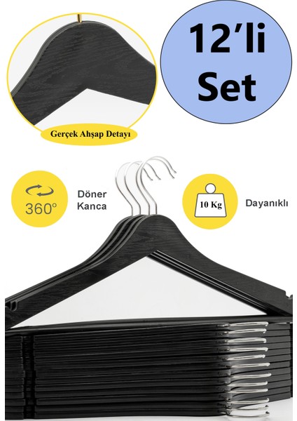 12Lİ Ahşap Görünümlü Plastik Askı Siyah