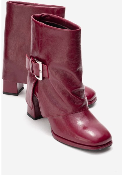 Lore Bordo Kırışık Rugan Hakiki Deri Tokalı Kadın Topuklu Bot
