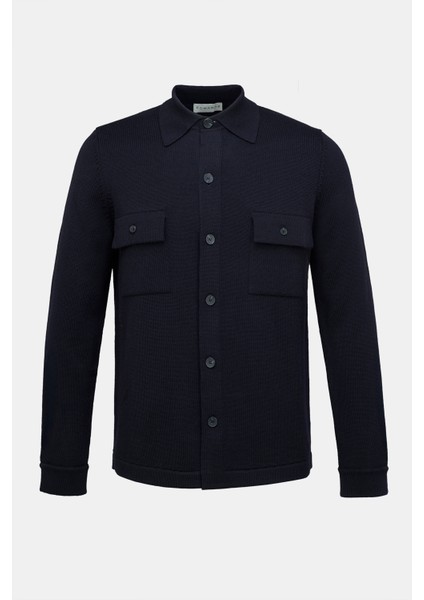 Erkek Lacivert Extrafine Yün Overshirt Triko
