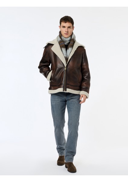 Peluş Yaka Uzun Kollu Cep Detaylı Fermuarlı Kışlık Suni Deri Ceket