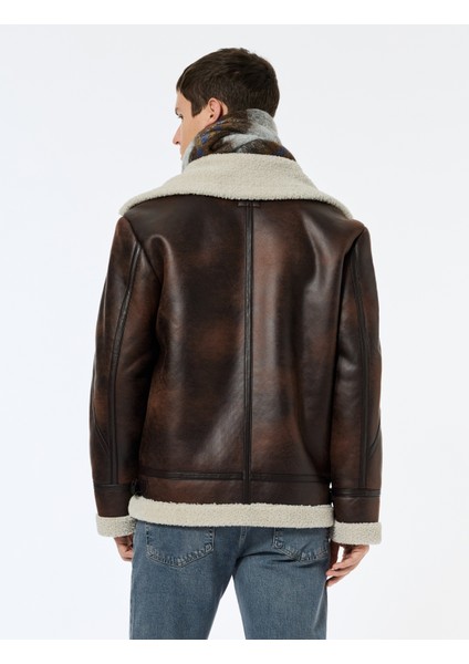 Peluş Yaka Uzun Kollu Cep Detaylı Fermuarlı Kışlık Suni Deri Ceket fırsatları