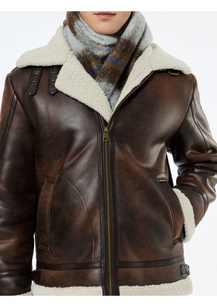 Peluş Yaka Uzun Kollu Cep Detaylı Fermuarlı Kışlık Suni Deri Ceket indirimleri