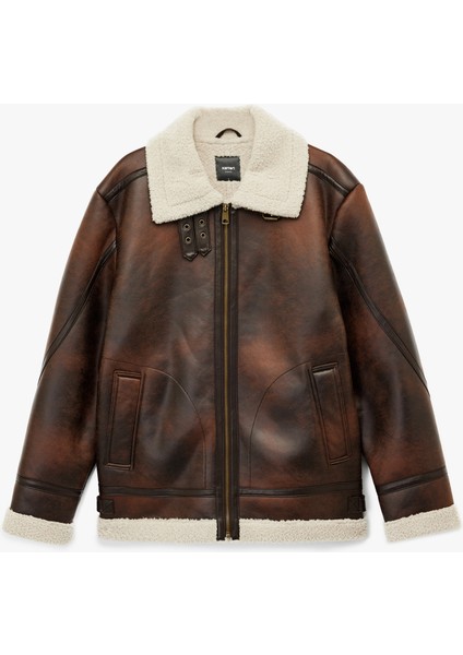 Peluş Yaka Uzun Kollu Cep Detaylı Fermuarlı Kışlık Suni Deri Ceket