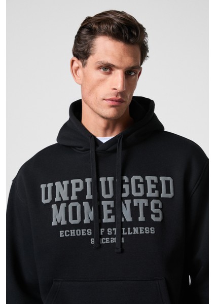 Cassıan Erkek Önü Kabaran Baskılı Kapüşonlu Kordonlu Kanguru Cepli Siyah Sweatshirt fiyatları