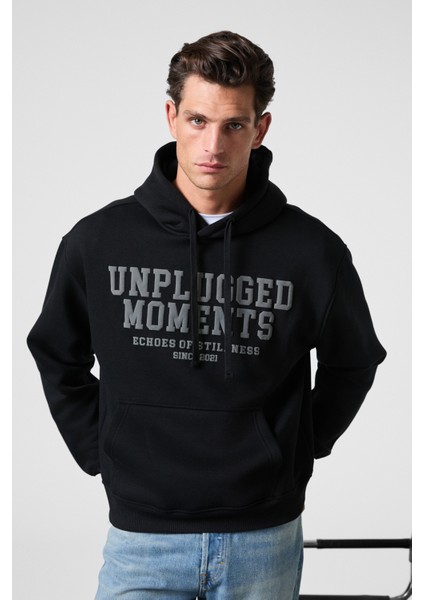 Cassıan Erkek Önü Kabaran Baskılı Kapüşonlu Kordonlu Kanguru Cepli Siyah Sweatshirt indirimleri