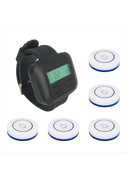 Kablosuz Restoran Çağırma Sistemi 5table Arama Düğmesi Vericileri 1WATCH Çağırıcı Restoran Garson Hizmet Çan Zeninde Bzzer B (Yurt Dışından)