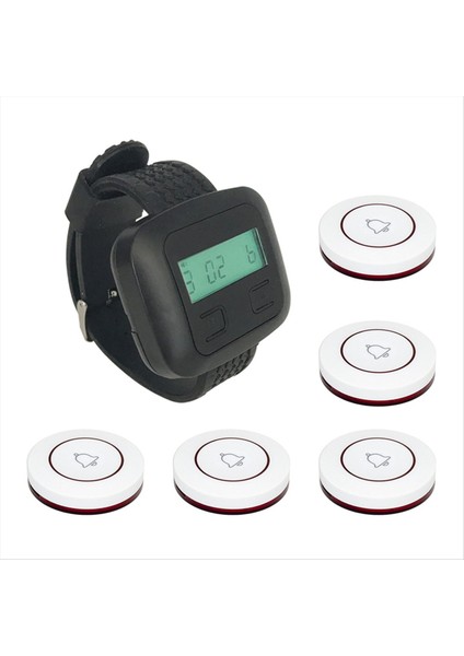 Kablosuz Restoran Çağırma Sistemi 5table Arama Düğmesi Vericileri 1WATCH Çağırıcı Restoran Garson Hizmet Çan Buzzer A (Yurt Dışından)