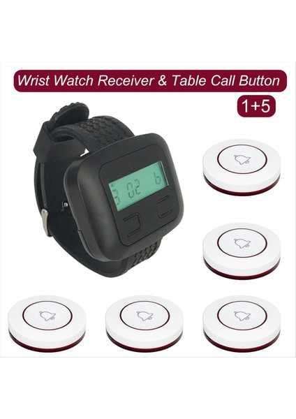Kablosuz Restoran Çağırma Sistemi 5table Arama Düğmesi Vericileri 1WATCH Çağırıcı Restoran Garson Hizmet Çan Buzzer A (Yurt Dışından) fırsatları