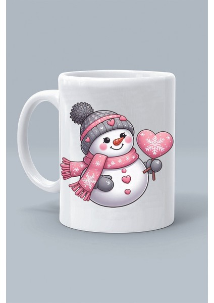 Noel Yeni Yıl Yılbaşı Kardan Kadın Pembe Kalp Tasarım Baskılı Beyaz Kupa Bardak