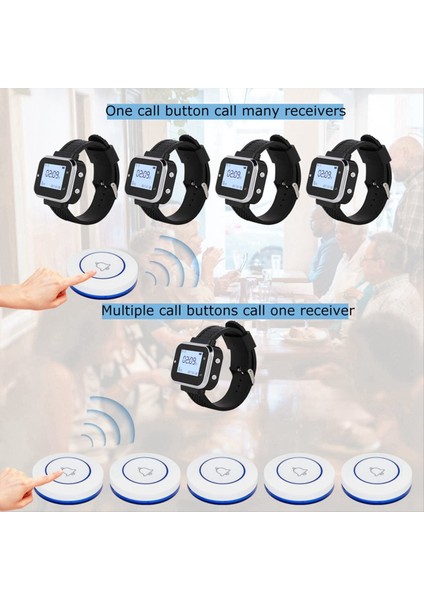 Kablosuz Çağrı Sistemi 5 Tablo Çağrı Düğmesi Vericileri 1 Izle Çağrı Restoran Garson Servisi Bell Buzzer B (Yurt Dışından) fırsatları