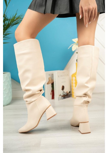 ZRİN-2002 Premium Bej Körüklü Sivri Burun Kalın Topuklu Çizme fiyatları