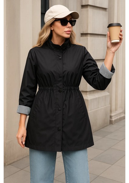 Kadın Premium Fermuarlı Çizgili Siyah Kısa Trençkot