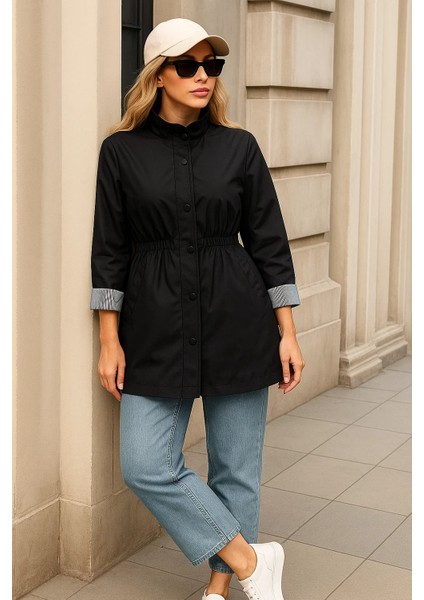 Kadın Premium Fermuarlı Çizgili Siyah Kısa Trençkot modelleri