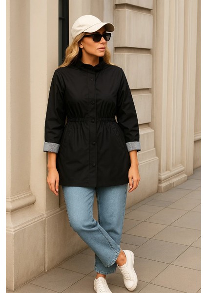 Kadın Premium Fermuarlı Çizgili Siyah Kısa Trençkot fırsatları