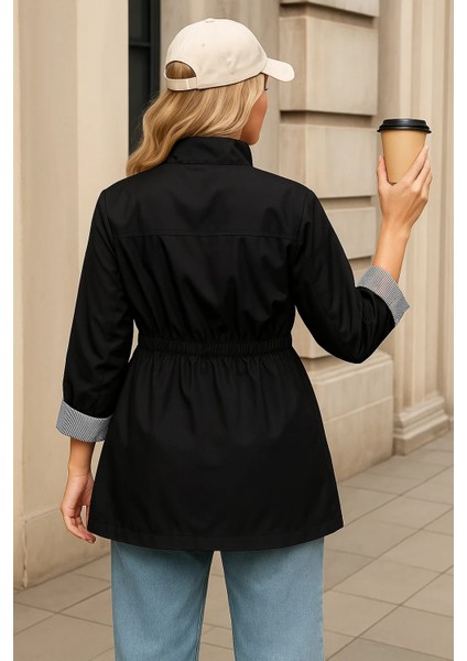 Kadın Premium Fermuarlı Çizgili Siyah Kısa Trençkot indirimleri