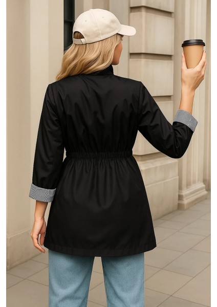 Kadın Premium Fermuarlı Çizgili Siyah Kısa Trençkot