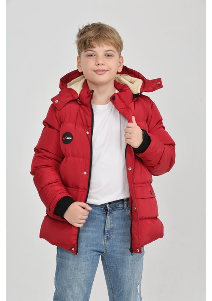 Erkek Çocuk Kışlık Yoğun Elyaf Dolum Iç Kısmı Polar Astarlı Kapüşonlu Erkek Mont Kaban