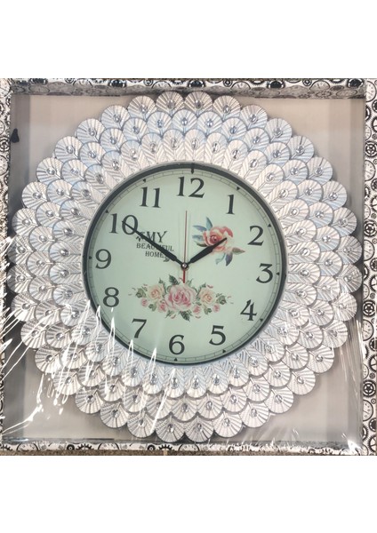 Dekoratif Taşlı Yuvarlak Duvar Saati Çiçek Desenli