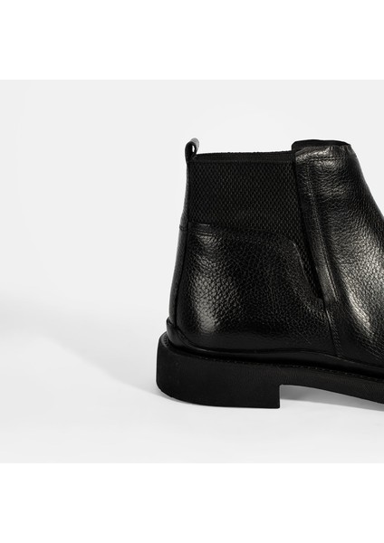 Erkek Siyah Lastik Detaylı Deri Bot