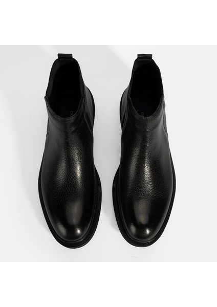 Erkek Siyah Lastik Detaylı Deri Bot