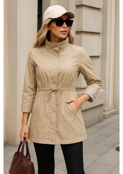 Kadın Premium Fermuarlı Çizgili Bej Kısa Trençkot